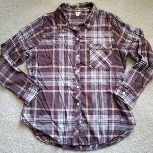 AERIE brown plaid flannel shirt long sleeve buttons down sz Med soft broken-in